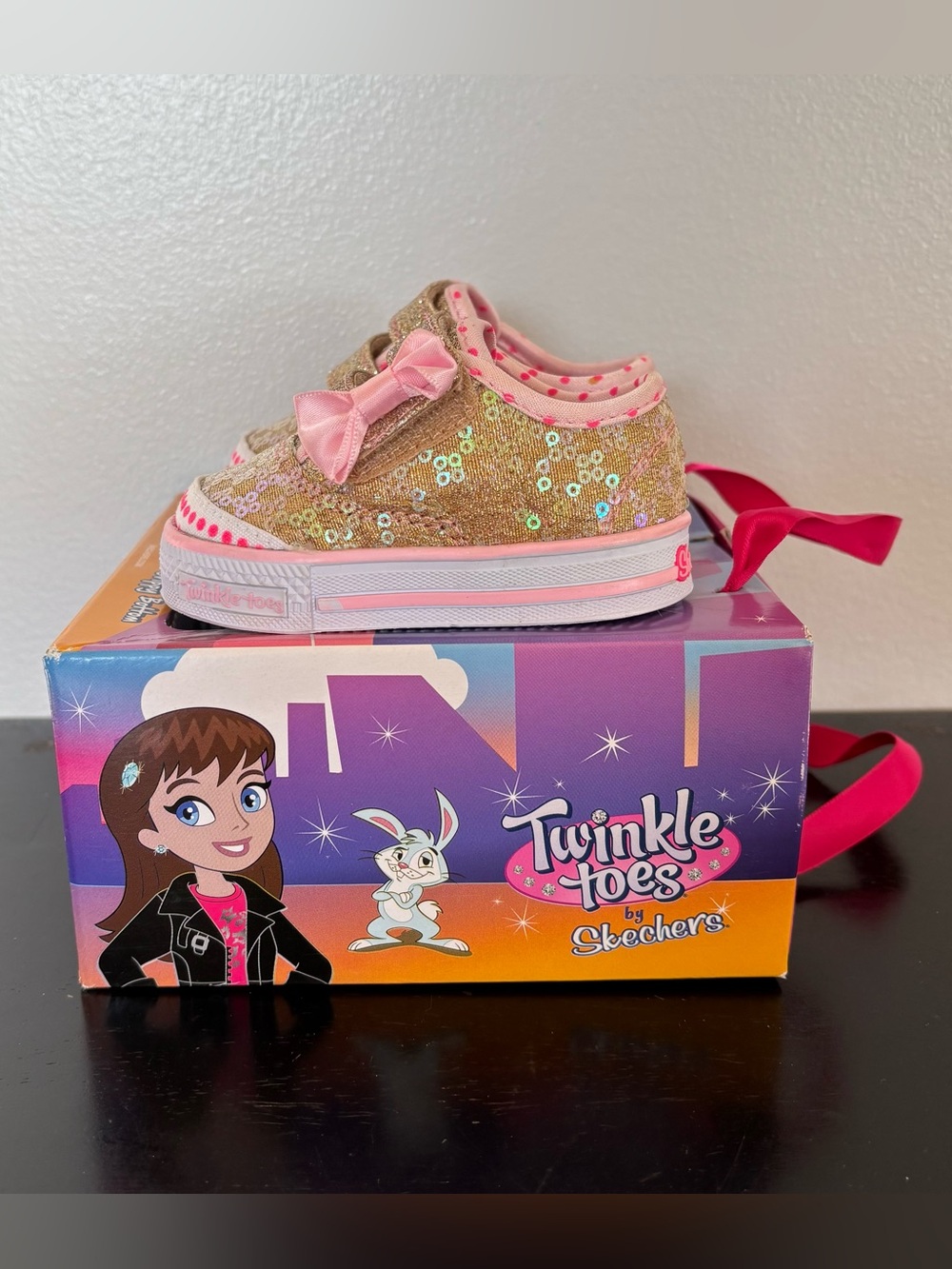Skechers Twinkle Toes Shuffles Glitz N Giggles Baby Girl Shoes Size 1 Gold Pink